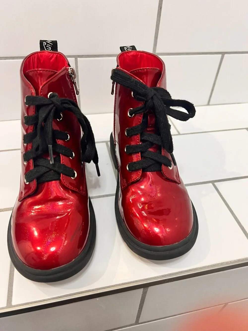 Kids Red Shiny Patent Lace-Up Ankle Boots Pandaninjia Side Zip Shoes Size 2